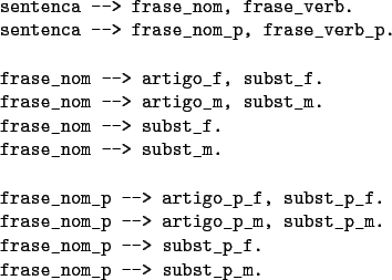 \begin{figure}\begin{verbatim}sentenca --> frase_nom, frase_verb.
sentenca -->...
...frase_nom_p --> subst_p_f.
frase_nom_p --> subst_p_m.\end{verbatim}
\end{figure}