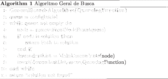 \begin{algorithm}
% latex2html id marker 42
[hbtb]
\caption{Algoritmo Geral de ...
...
\EndWhile
\State return \lq\lq solution not found''
\end{algorithmic}\end{algorithm}